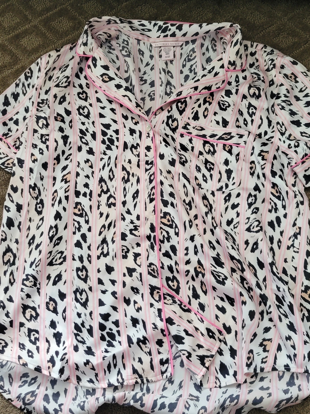 Victoria's Secret White Satin Leopard Stripe Top with Pink Trim